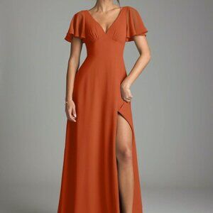 Azazie burnt orange A-line flounce sleeve chiffon dress